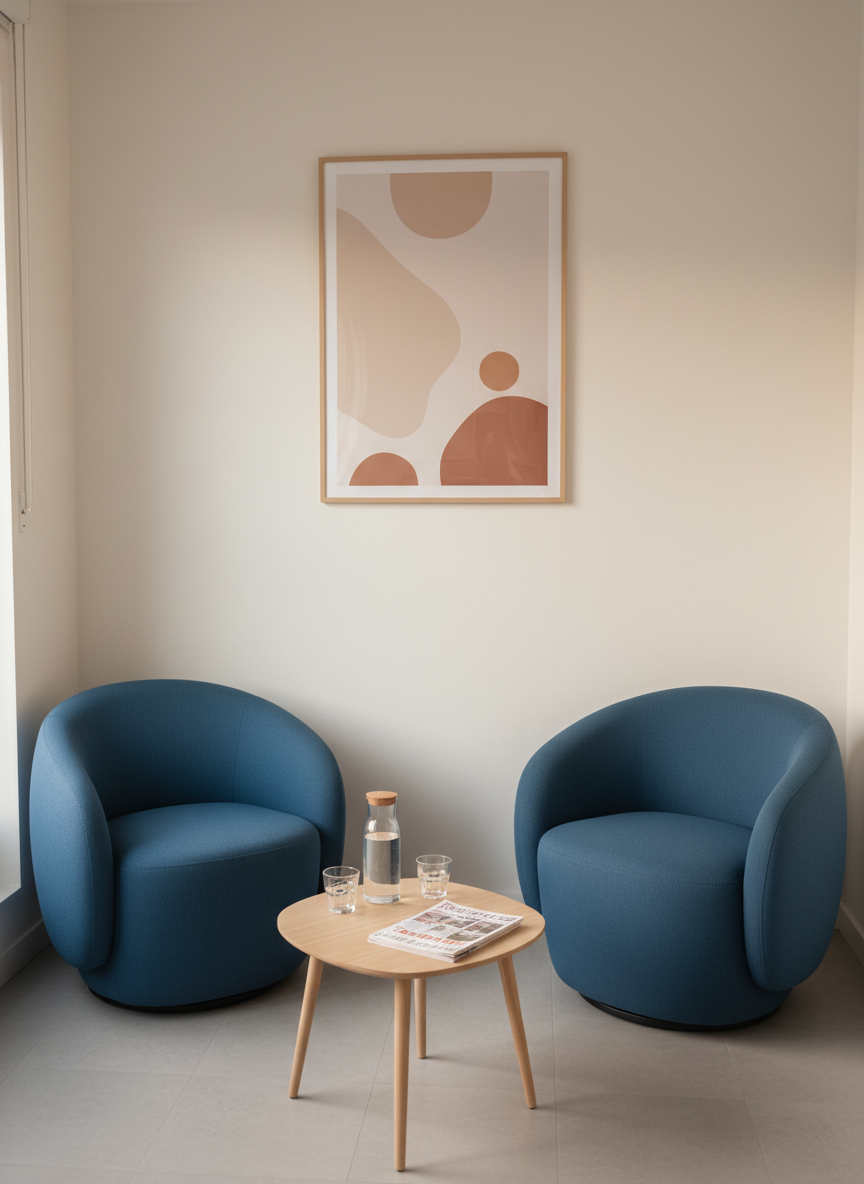 Une salle d’attente de cabinet de psychanalyse contemporaine, sans aucune personne, avec deux fauteuils en tissu bleu nuit aux lignes arrondies, séparés par une petite table basse en bois clair. Sur la table, une carafe d’eau en verre et deux verres parfaitement alignés, à côté d’une revue soignée. Un mur blanc cassé et une grande affiche minimaliste aux formes organiques beige et terracotta rappellent la région ensoleillée de Narbonne. La lumière naturelle de fin d’après-midi entre par une fenêtre latérale, créant un halo chaleureux. Photographie réaliste, angle légèrement en plongée, profondeur de champ modérée, atmosphère accueillante, paisible et professionnelle.