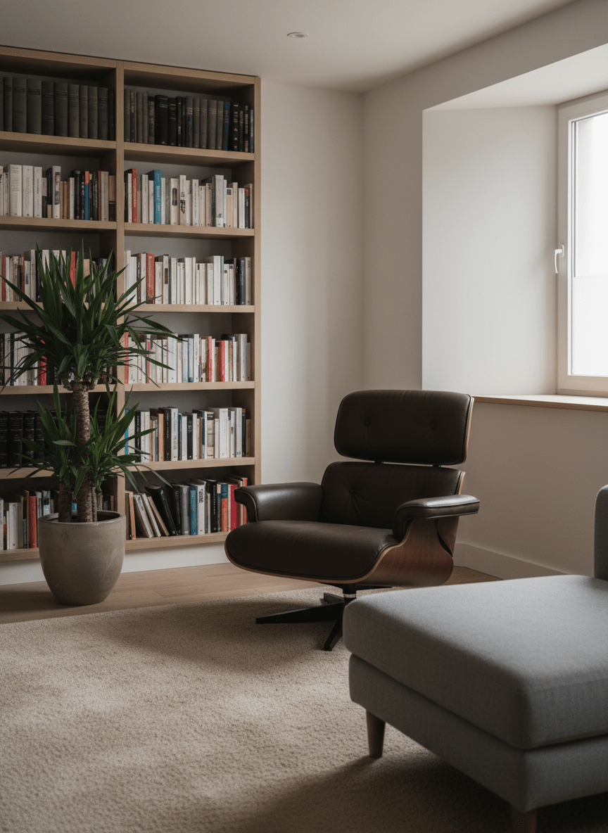 Une pièce dédiée à la psychanalyse, sans présence humaine, avec un fauteuil en cuir brun foncé au dossier légèrement incliné et une méridienne en tissu gris doux, posés sur un tapis épais couleur sable. Au fond, une bibliothèque en bois clair remplie d’ouvrages reliés de teintes sobres, et une grande plante verte dans un pot en céramique mate. La lumière naturelle d’une baie vitrée latérale entre doucement, créant des ombres feutrées. Photographie en réalisme soigné, cadrée à hauteur d’œil, avec profondeur de champ moyenne pour garder l’ensemble net. Atmosphère calme, professionnelle et rassurante, style contemporain épuré, couleurs neutres, idéale pour la page d’accueil d’un cabinet de psychanalyse à Narbonne.