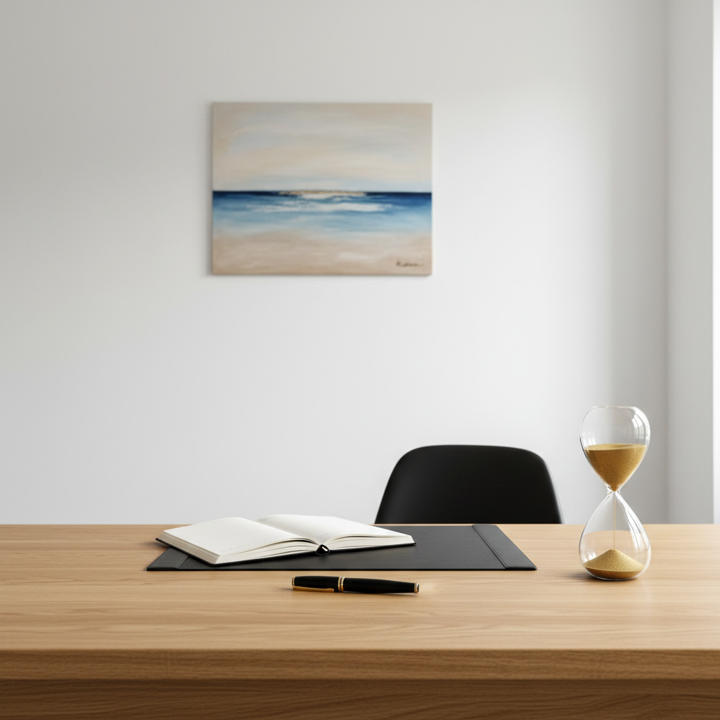 Un bureau de psychanalyste élégant vu en plan large, sans personne, avec un grand bureau en chêne clair parfaitement rangé, un carnet de notes ouvert, un stylo-plume noir brillant et un sablier en verre rempli de sable doré. À l’arrière-plan, un mur blanc portant un simple tableau abstrait aux tons bleu et beige évoquant la mer méditerranéenne près de Narbonne. La lumière est douce, venant d’une fenêtre invisible à droite, donnant des reflets subtils sur le bois et le verre. Photographie réaliste, composition en règle des tiers, ambiance sérieuse et professionnelle, couleurs sobres légèrement chaudes pour inspirer confiance et sérénité.